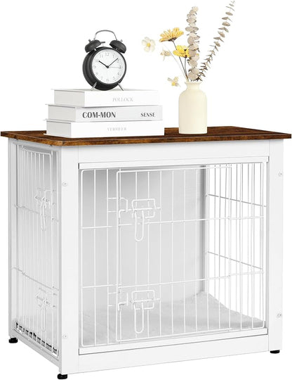 DWANTON Dog Crate Furniture with Cushion, Wooden Kennel Table with Double Doors, Indoor Dog House, Small/Medium/Large Size, 27.2" L, White+Rustic Brown