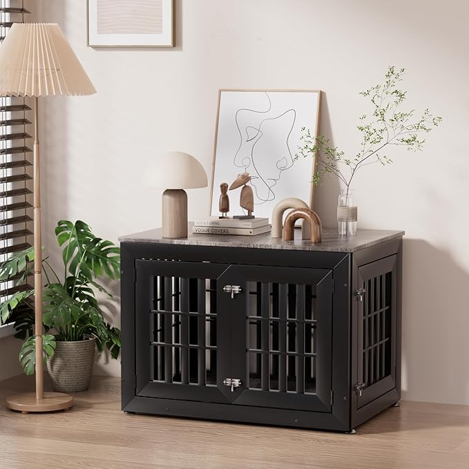 Snuowu 38" Heavy Duty Dog Crate Furniture for Small,Medium and Large Dogs,Rustic Wooden Dog Cage Kennel Indoor Furniture with Waterproof Top,Decorative Pet House Side End Table (Black & Grey)