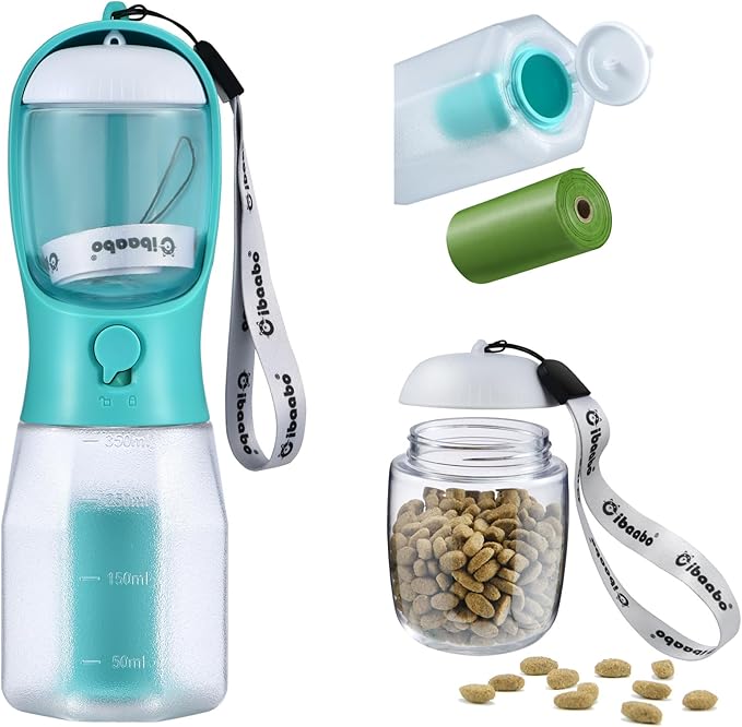 Cibaabo Dog Water Bottle with Food Container & Poop Bag Holder, Travel Water Bowl, Portable Pet Dispenser, Dog Gifts Stuff Accessories Items, Puppy Essentials for Yorkie Chihuahua Walking Hiking