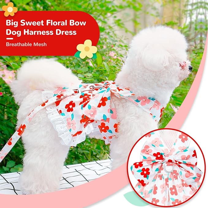 ABRRLO Cute Floral Dog Harness Dress and Leash Set for Small Dogs Cats Girl Puppy Bowknot Princess Birthday Dress Summer Female Pet Small Dog Clothes Lace Doggie Kitten Outfits Apparel(Red,XS)