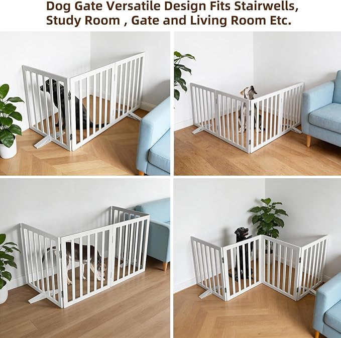 Dog Gate Indoor, Freestanding Dog Fence for The House, Doorways, Hallways,or Stairs,Pet Gate Foldable Wooden,Expandable 24" Height 3 Panels,White