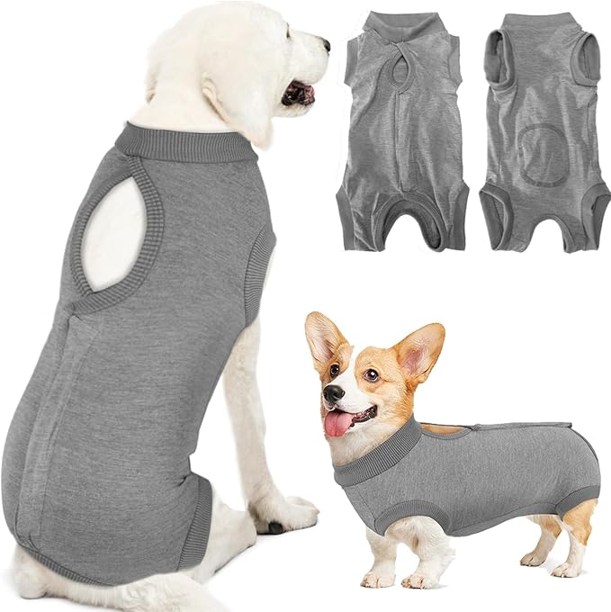 Lukovee Recovery Suit for Dogs, Onesie Surgery Recovery Suit for Female Male Dogs, Abdominal Wounds Cone E-Collar Alternative Prevent Licking Spay Recovery Suit (GY,S)
