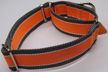 Martingale Collar 1.5 Inch Wide 1600D Extra Strong Anti Escape Nylon Dog Collar, No Pull Heavy Duty Pet Collars with 3-Color Stripe for Medium to Large Dogs (L, Orange & Gray)