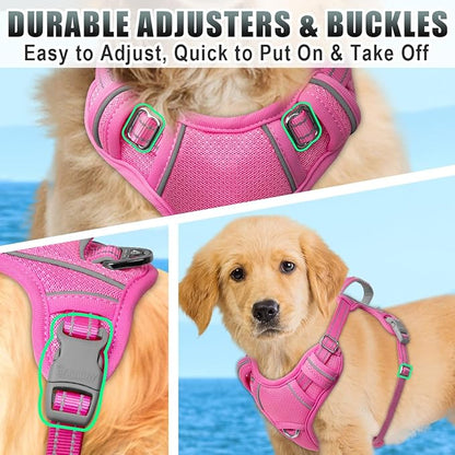 BARKBAY No Pull Dog Harness Large Reflective Dog Harness with Front Clip and Easy Control Handle for Walking Training Running with ID tag Pocket(Pink,S)