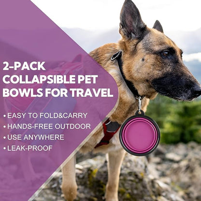 Collapsible Dog Bowl 2 Pack, Dog Water Bowls for Travels, Portable Foldable Pet Bowls Feeding Watering Dish for Parking Walking Camping with 2 Carabiners Clip (12oz, Small, Grey+Purple)