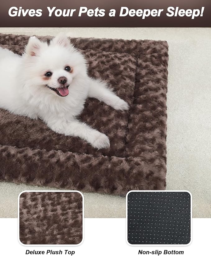Washable Dog Bed Mat Soft Dog Crate Pad Fluffy Pet Kennel Beds Sleeping Mattress with Non-Slip Bottom for Large Jumbo Medium Small Dogs, 47 x 29 Inch, Brown