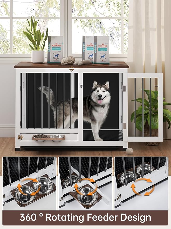 39.4" Dog Crate Furniture - Sturdy Dog Kennel with 360° Rotating Feeder & Removable Tray, Wooden End Table for Living Room, Dog Cage for Small & Medium, White