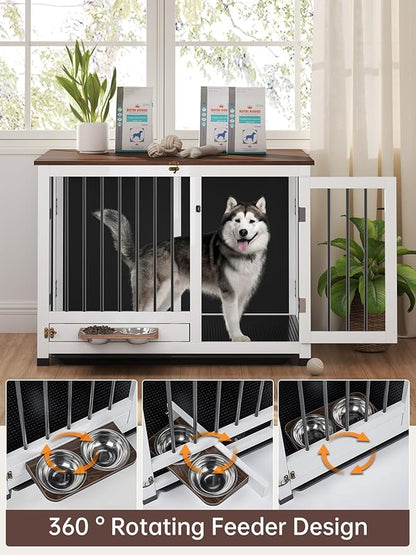 39.4" Dog Crate Furniture - Sturdy Dog Kennel with 360° Rotating Feeder & Removable Tray, Wooden End Table for Living Room, Dog Cage for Small & Medium, White