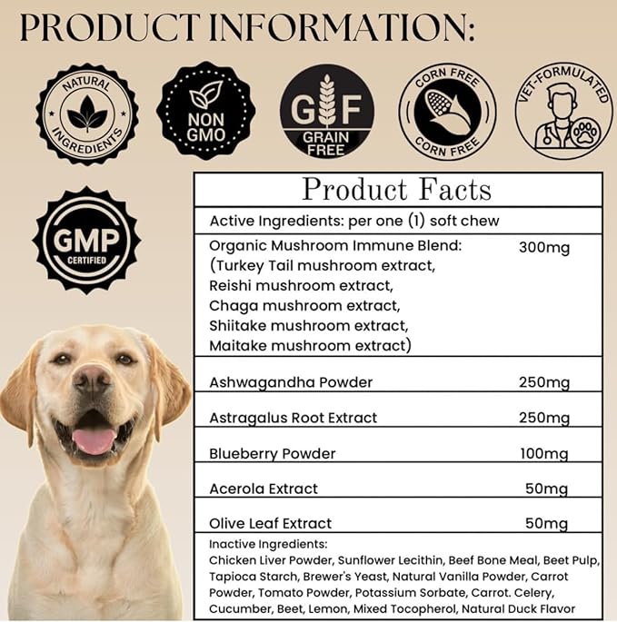 Turkey Tail Mushroom for Dogs - Organic Immune Support Chews - Buddy Health Guard Mushroom Blend - Boosts Immunity, Gut & Joint Health - Natural Chicken Flavor, Grain-Free Supplement - 90 Soft Chews