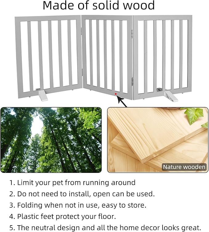 Dog Gate Indoor, Freestanding Dog Fence for The House, Doorways, Hallways,or Stairs,Pet Gate Foldable Wooden,Expandable 24" Height 3 Panels,Grey