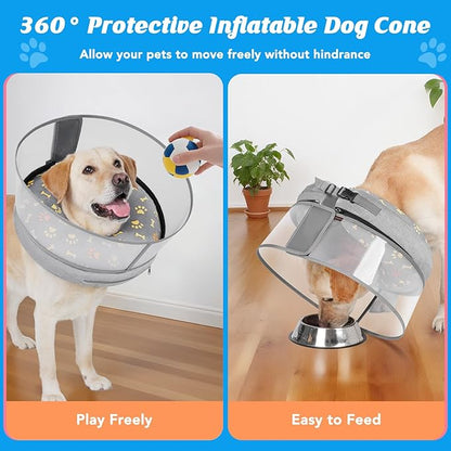 Inflatable Dog Cone with Anti-Licking Clear Shield, Protective Dog Donut Collar After Surgery, Adjustable Soft Recovery Cone for Pets, Alternative Collar with Buckle Strap (Grey, M+)