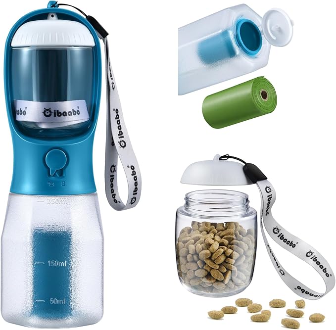 Cibaabo Dog Water Bottle with Food Container & Poop Bag Holder, Travel Water Bowl, Portable Pet Dispenser, Dog Gifts Stuff Accessories Items, Puppy Essentials for Yorkie Chihuahua Walking Hiking