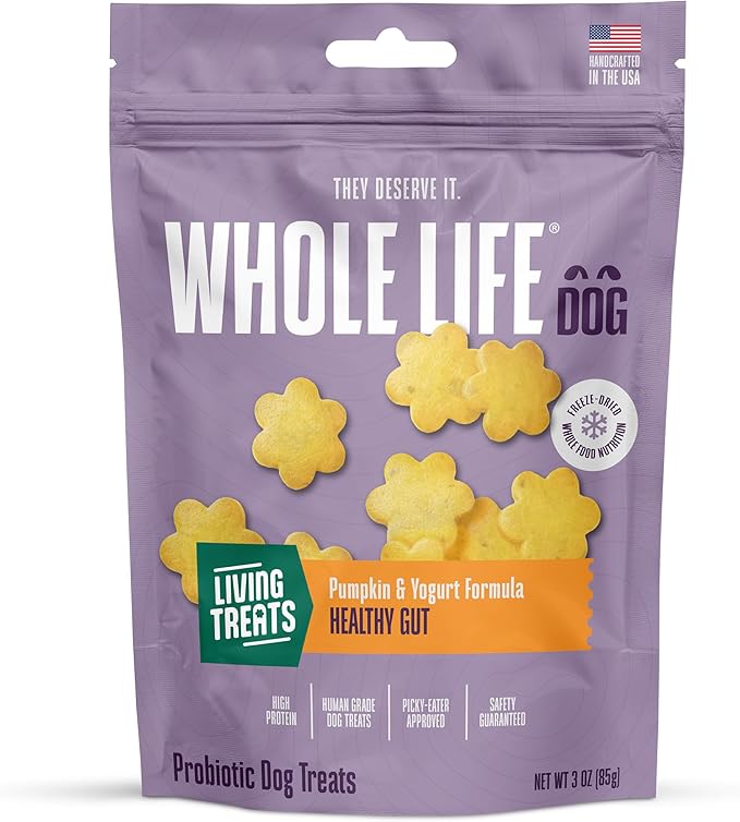 Whole Life Dog Living Treats for Dogs – Human Grade Probiotics for Digestive & Gut Health, Canine Gas, Diarrhea, Vomit & Constipation Relief - Pumpkin, 3 oz (Pack of 1)
