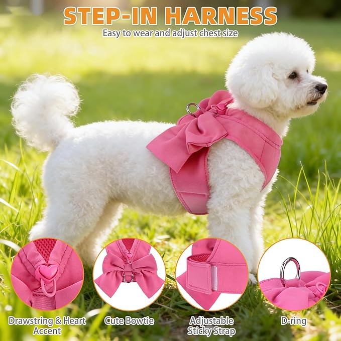 KOOLTAIL Small Dog Harness and Leash Set, Cute Puppy Vest Harnesses with Bowtie for Girl Outfit, Step in No Pull Soft Mesh Padded Adjustable Pet Harness for Extra-Samll Medium Dogs Cats XS-M, Pink S