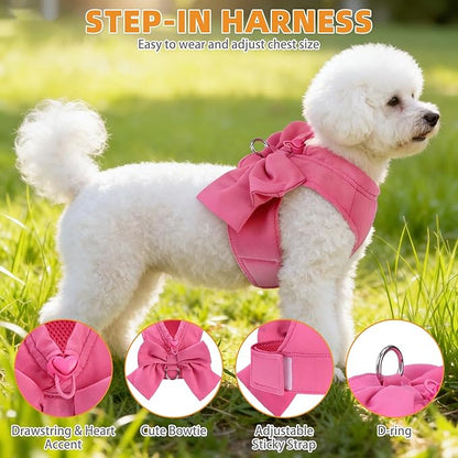 KOOLTAIL Small Dog Harness and Leash Set, Cute Puppy Vest Harnesses with Bowtie for Girl Outfit, Step in No Pull Soft Mesh Padded Adjustable Pet Harness for Extra-Samll Medium Dogs Cats XS-M, Pink S