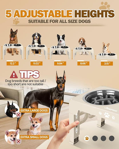 Jovrun Elevated Dog Bowls for Medium Large Size Dogs, Non-Slip Dog Feeder with 1*Stainless Steel Dishes & 1*Slow Feeder Bowl, 5 Heights Adjustable Raised Bowls to 3.15″-8.66″-9.84″-11.02″-12.2″