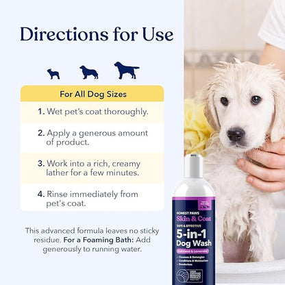 Honest Paws Dog Shampoo and Conditioner - Premium Dog Wash for Allergies and Dry, Itchy, Moisturizing for Sensitive Skin - Sulfate Free, Plant Based, All Natural - Oatmeal & Lavender - 16 Fl Oz