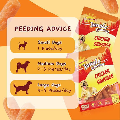 Jungle Calling Soft Chicken Sausage Dog Treats, Slow Roasted Tender Chicken Jerky for Small & Medium Dogs, Grain-Free High Protein Dog Training Treats, Easy to Chew, 10.6 oz