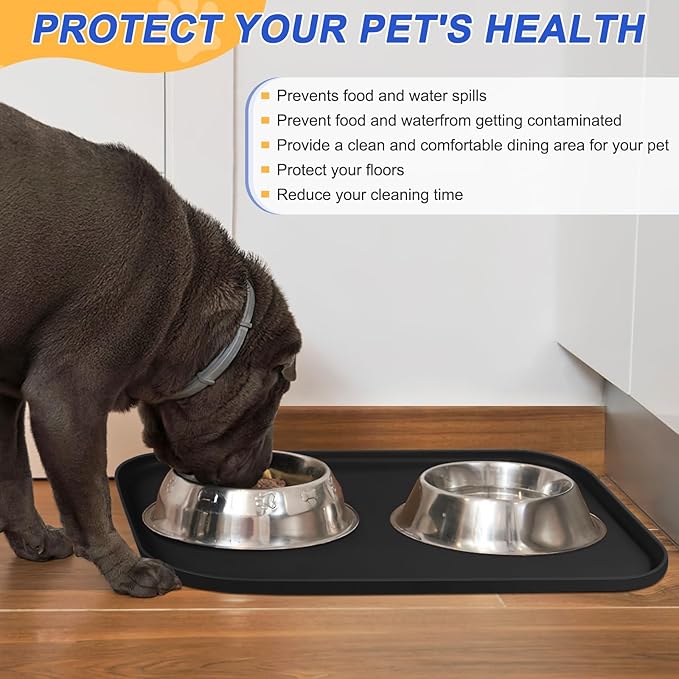 SMILOOL Silicone Pet Feeding Mat with Raised Edge for Food and Water, Dog Bowl Mats, Cat Bowls Placemat with High Lip for Floor Waterproof, Rubber Tray for Cats and Dogs 22 x 14 x0.8 Black