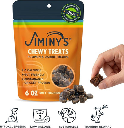 Jiminy's Chewy Cricket Training Treats for Dogs, Low Calorie, Hypoallergenic, Made in USA, 6oz, Pumpkin & Carrot (Pack of 1)