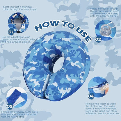 IEUUMLER Inflatable Recovery Dog Cone Collar, Neck Donut Protective ECollar, Adjustable Soft Collar for Dog and Cat After Surgery Prevent from Biting & Licking EU020 Blue Camo M+