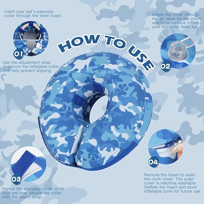 IEUUMLER Inflatable Recovery Dog Cone Collar, Neck Donut Protective ECollar, Adjustable Soft Collar for Dog and Cat After Surgery Prevent from Biting & Licking EU020 Blue Camo L