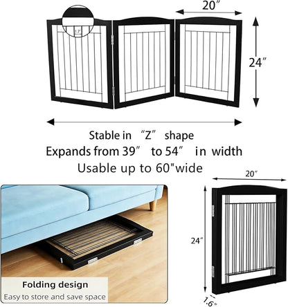 ZJSF Freestanding Foldable Dog Gate for House Extra Wide Wooden Black Indoor Puppy Gate Stairs Doorways Pet Gate Tall Dog Fence 3 Panels Fence