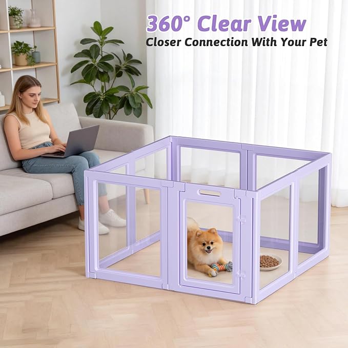 DIY Clear Acrylic Dog Playpen House,Quick Easy Assembly and Disassembly,Strong Floor Suction,Indoor and Outdoor Use,Easy Cleansing Puppy Fence (Purple, 23.6" H, 8PCS)