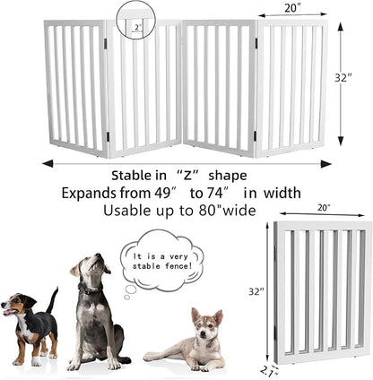 ZJSF Freestanding Indoor Dog Gate for House Foldable Wood White Puppy Gate for Doorways Pet Gate for Stairs Extra Wide Pet Fence 32" Height 4 Panels