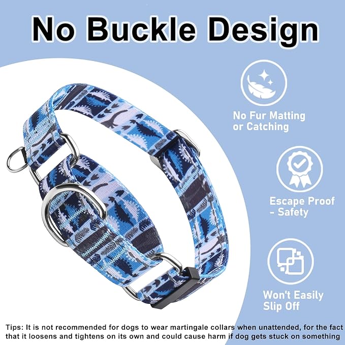 Reflective Martingale Collar for Dogs Nylon Training Collar with No Buckle, No Pull Escape Proof Dog Collar for Medium Dogs（Blue Dinosaur，M）