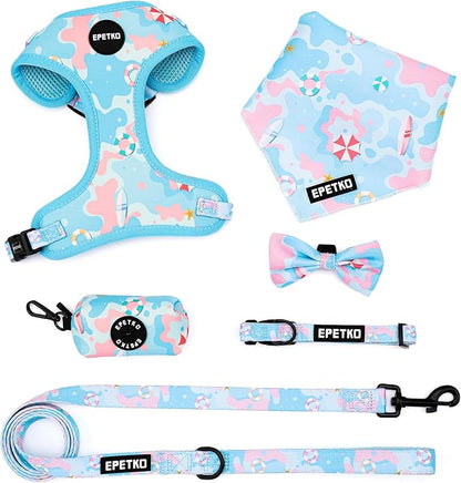 Small Dog Harness and Leash Set of 6, No Pull Soft Lightweight Mesh Puppy Harness， Adjustable Cute Floral Pattern Pet Harness for Small Medium Dogs (Blue Sea, XS)