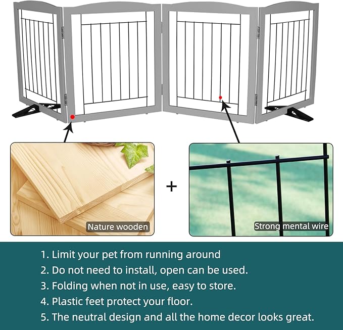 ZJSF Freestanding Dog Fence Indoor, Foldable Dog Gate for Doorways, Stairs or Hallways, Sturdy Wood Extra Wide Pet Gate with Support Feet for The House, Grey, 24 "Height-4 Panels