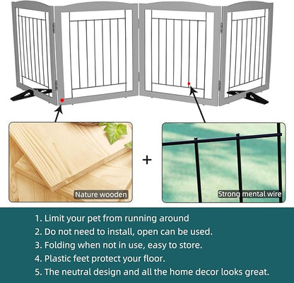 ZJSF Freestanding Dog Fence Indoor, Foldable Dog Gate for Doorways, Stairs or Hallways, Sturdy Wood Extra Wide Pet Gate with Support Feet for The House, Grey, 24 "Height-4 Panels