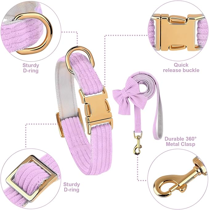 Dog Collar and Leash Set with Bowtie, Girl Dog Collars Metal Buckle Adjustable for Small Medium Dogs (Purple, S: Neck 10"-16" Leash 5 FT)