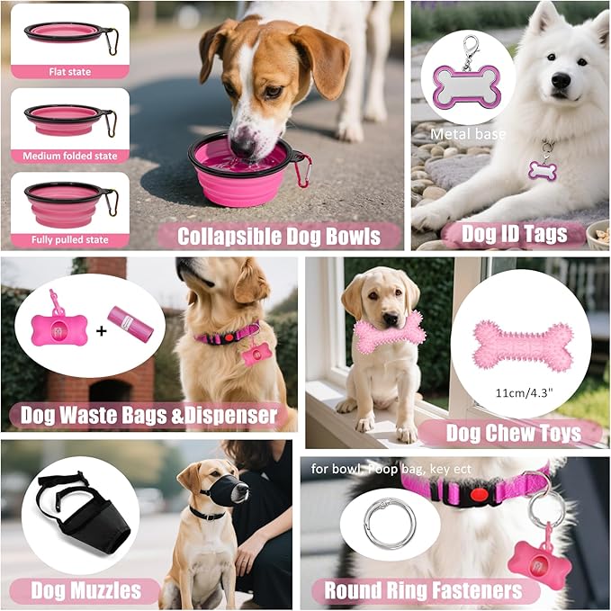 No Pull Dog Harness Adjustable Collar & Leash Set - Dog Halter Harnesses Collapsible Bowls & Poop Bag Dispenser Muzzle ID Tags Toys Fits Small Medium Large Dogs (Pink-M)