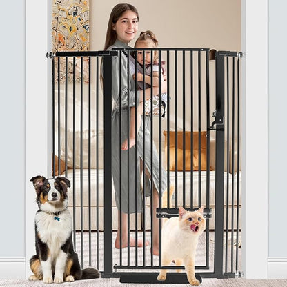 SHYUJAJIE 55 Inch Extra Tall Pet Gate with Small Cat Door, 29.55"-46.06" Adjustable Wide Dog Gate, Tall Cats Gates for Doorway, Stairs, House(Black)