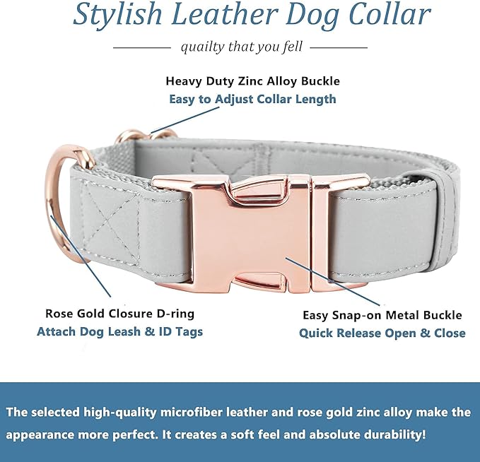 Dog Collar and Leash Set.Soft and Easy to Clean Vegan Leather with Rose Gold Metal Buckle for Small Medium Large Dogs (Grey, L(15.4”-24.8“)
