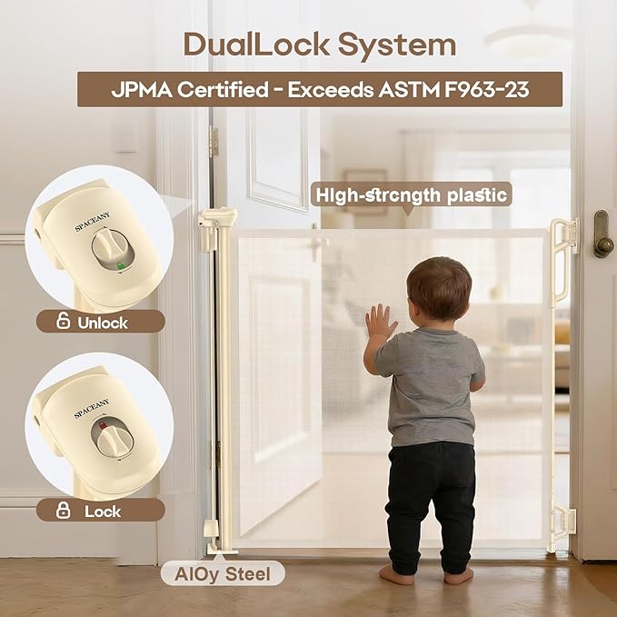 SPACEANY Retractable Safety Baby Gate or Mesh Dog Gate,Durable Portable Mesh Retractable Gate,Easy to Use for Stairs, Doorways, Hallways, Indoor, Outdoor, 33.5" Tall, Up to 45" Wide, Cream