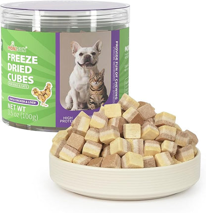MON2SUN Triple-Layer Freeze Dried Cat & Dog Treats, Chicken, Egg & Chicken Liver Recipe Cube, Grain-Free High Protein Snacks, All Natural Food Topper or Training Rewards, 3.5oz