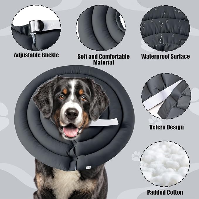 Soft Dog Cone Collar - Adjustable Recovery Cone for Large Dogs After Surgery to Stop Licking, Waterproof Elizabethan Protective Neck Donut Collar Alternative for Pet (Grey, 2XL)