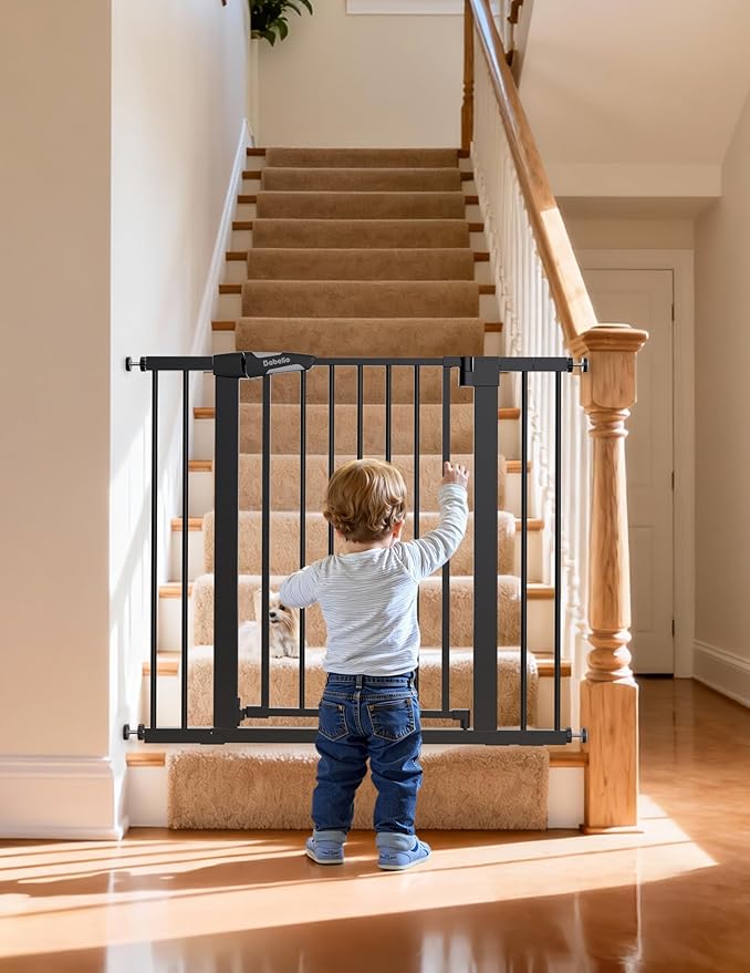 Babelio 36" Tall Baby Gate, 26-40" Wide Auto Close Pet Gate, PressGuard C5 Pressure Mounted Metal Dog Gate, Easy-Install No Drilling, No Tools Needed, with Wall Protectors and Extension Kits, Black