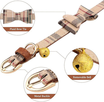 3 PCS Dog Collars for Small Puppy Collar and Leash Set, Bow Tie with Bell, Bandana Leather for Small Dogs Puppies and Cats(Beige)