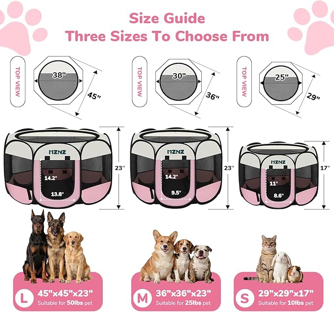 Dog Playpen, Portable Puppy Pet Crate Indoors for Small/Medium Dogs Cats Rabbits, Foldable Dog Cage Enclosure for Outdoor, Pop Up Dogs Tent Kennel with Carrying Case, Pink