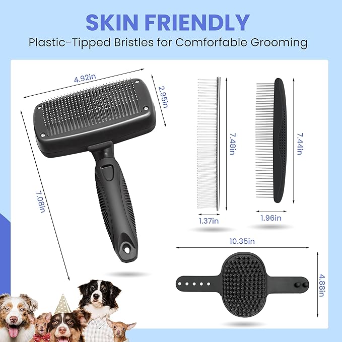 Self Cleaning Shedding Brush - 5-in-1 Professional Pet Grooming Kit Skin Friendly Grooming Tool for Dogs, Cats, and Puppies, Deshedding and Hair Removal for Long and Short Haired Pets, Black