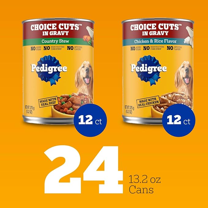Pedigree Wet Dog Food, Choice Cuts Adult Canned Dog Food, Country Stew & Chicken and Rice Multipack, 13.2 oz. Cans, 24 Count