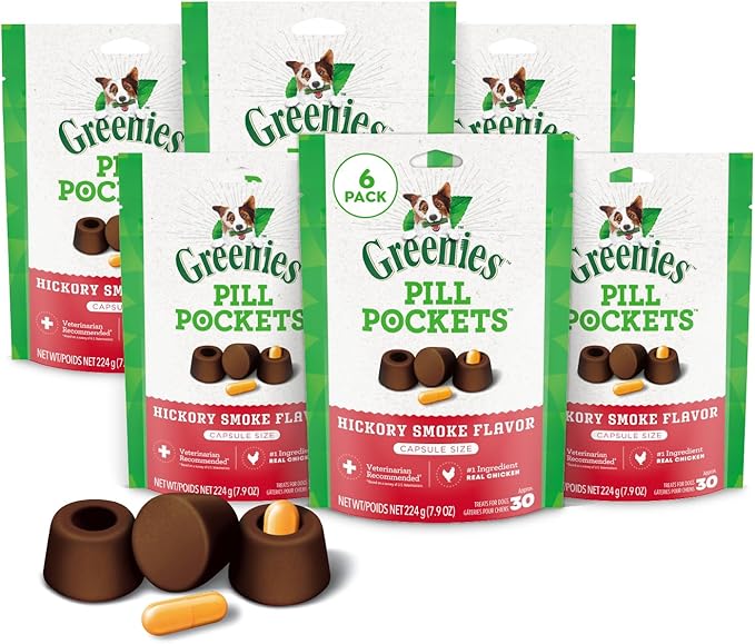 Greenies Pill Pockets for Dogs Large Size, Dog Treat Pouch for Capsule Medication, Hickory Smoke Flavor, (6) 7.9 oz. Pouches