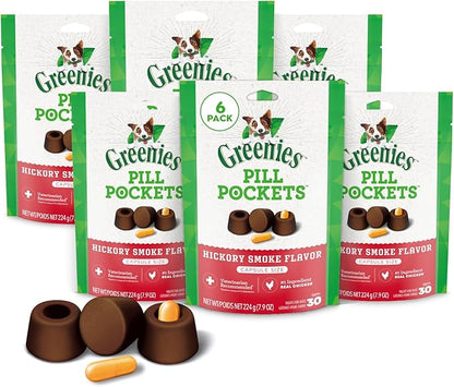 Greenies Pill Pockets for Dogs Large Size, Dog Treat Pouch for Capsule Medication, Hickory Smoke Flavor, (6) 7.9 oz. Pouches