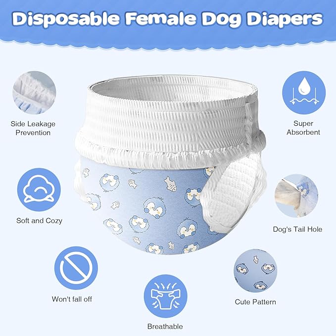 Ambreview Dog Diapers Female, Disposable Pulled Up Dog Diaper with Stretchy Waist, Super Absorbent 360° Leak-Proof Doggie Diapers for Female Puppy Dogs in Heat/Urinary Incontinence (100M)