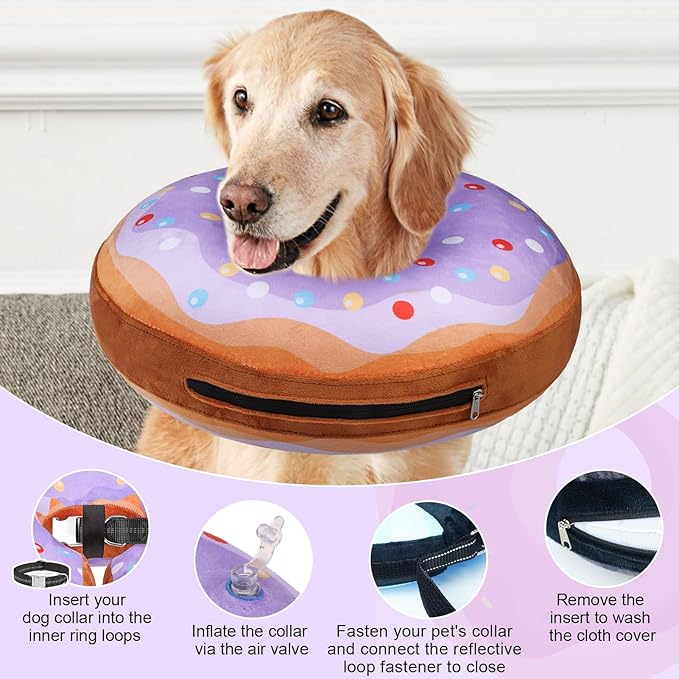 BEAUTYZOO Dog Cone Alternative After Surgery for Large Medium Small Dogs, Soft Inflatable Cone Collar for Dogs Cats, Dog Neck Donut E Collar Dog Recovery Collar to Stop Licking, Purple Donut, XL