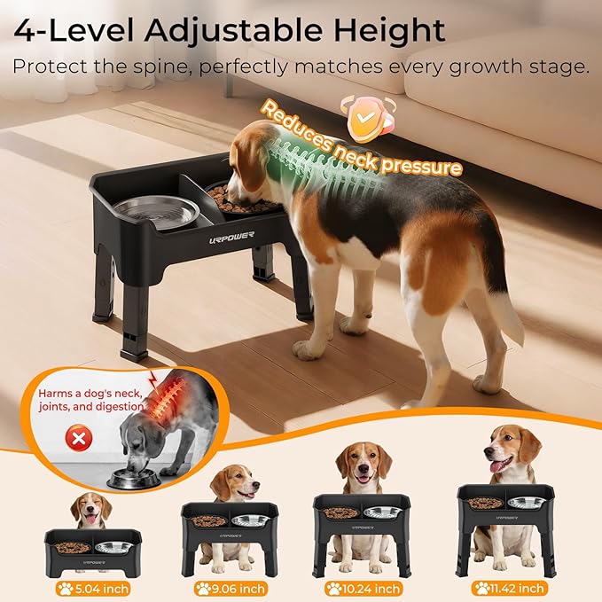 URPOWER Mess Proof Elevated Dog Bowls, High Wall Splash Guard Design, 4 Height Adjustable Raised Bowl Stand, 2 Stainless Steel Bowls, Non-Slip Food Water Set for Small Medium Large Dogs